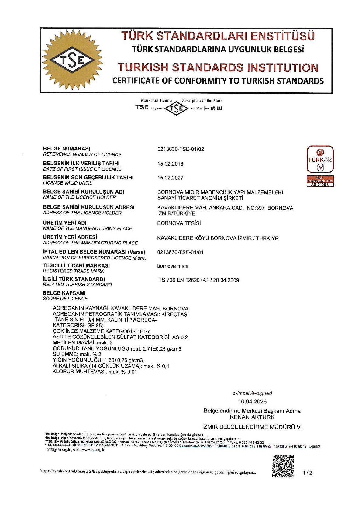 TS 706 EN 12620 A1 TSE uygunluk belgesi