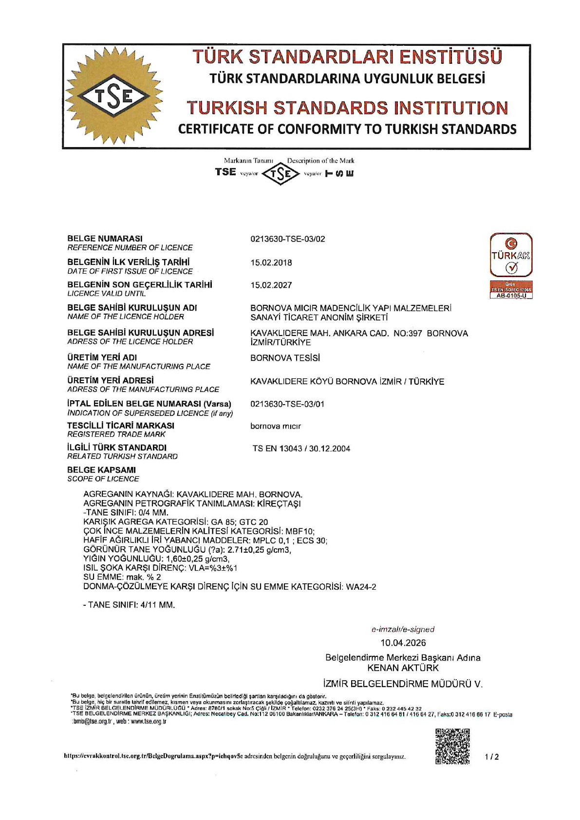 TS EN 13043 TSE uygunluk belgesi